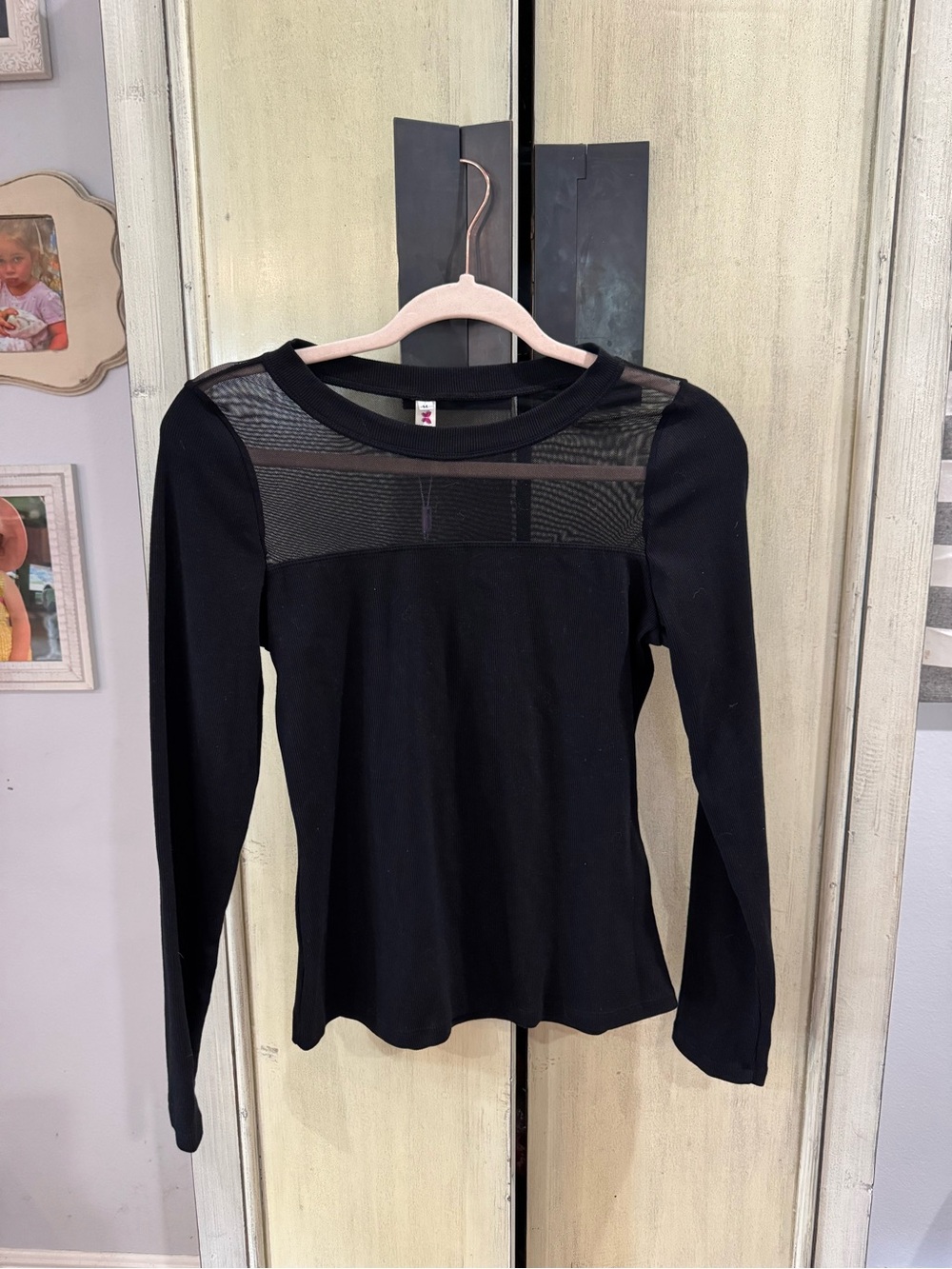 Black Long-Sleeve Mesh Yoke Top
